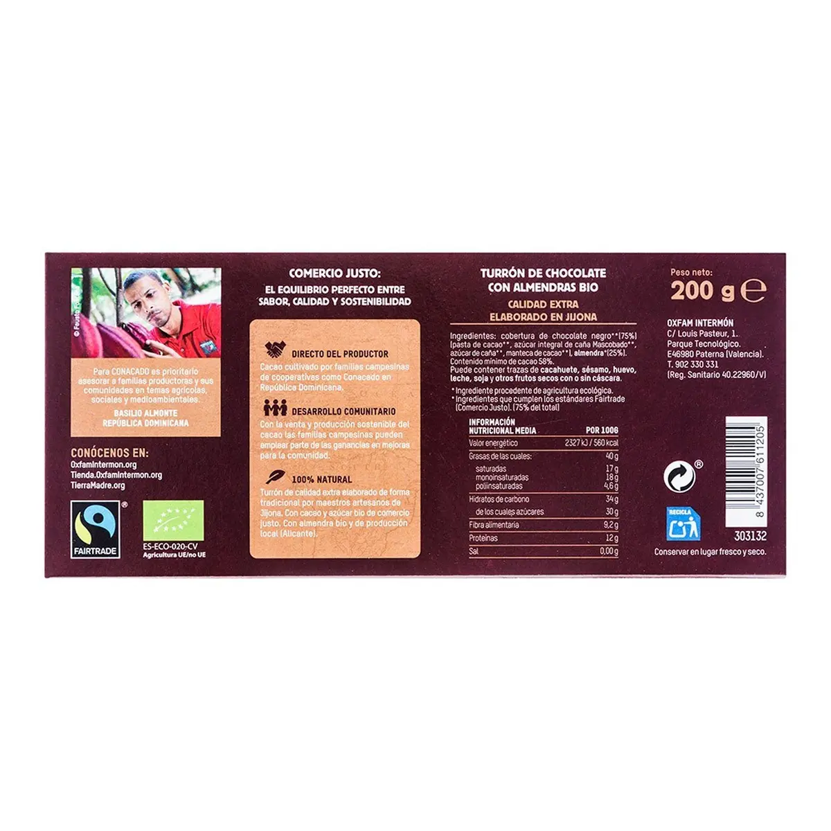 Turron Chocolate Ecológico con Almendras Tierra Madre - Imagen 2